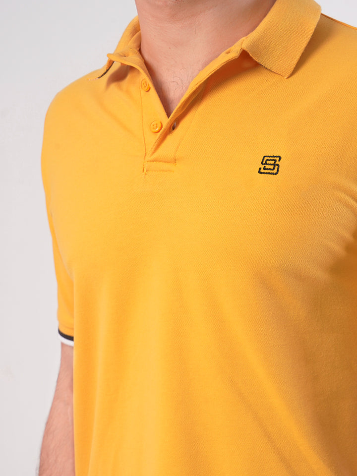 Yellow Plain Twin Contrast Lycra Elastane Half Sleeves Polo T-Shirt (POLO-459)