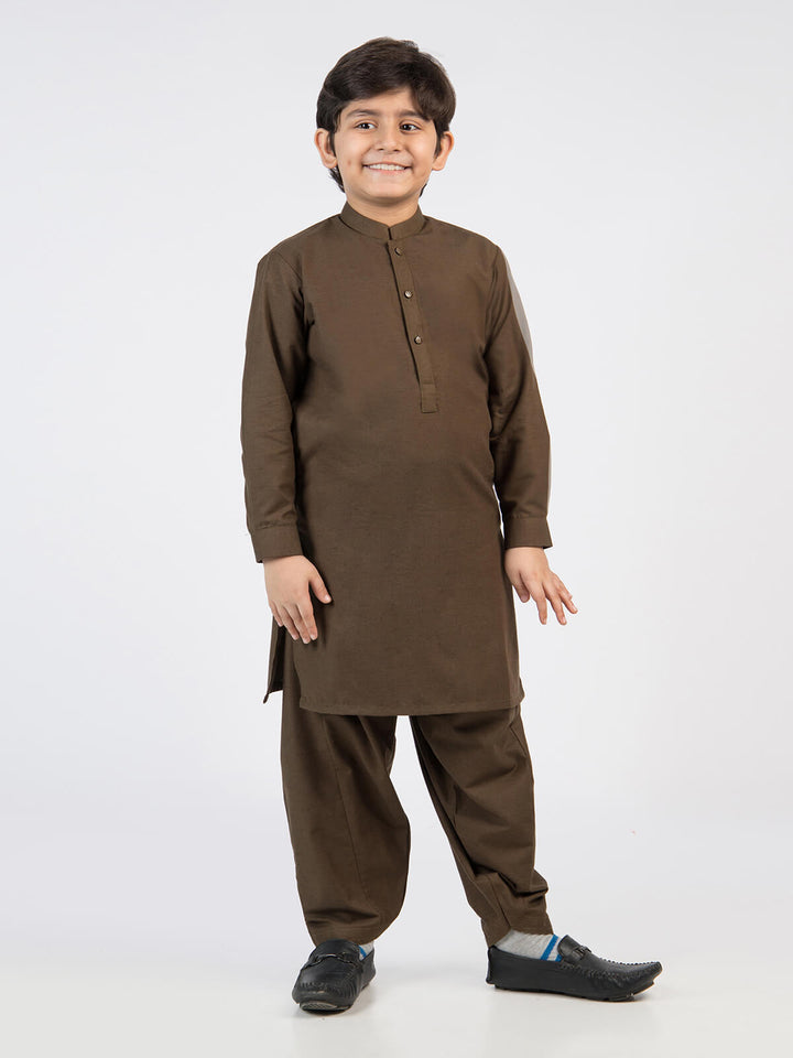 Dark Brown Textured Ban Collar Boys Shalwar Kameez (BSK-09)