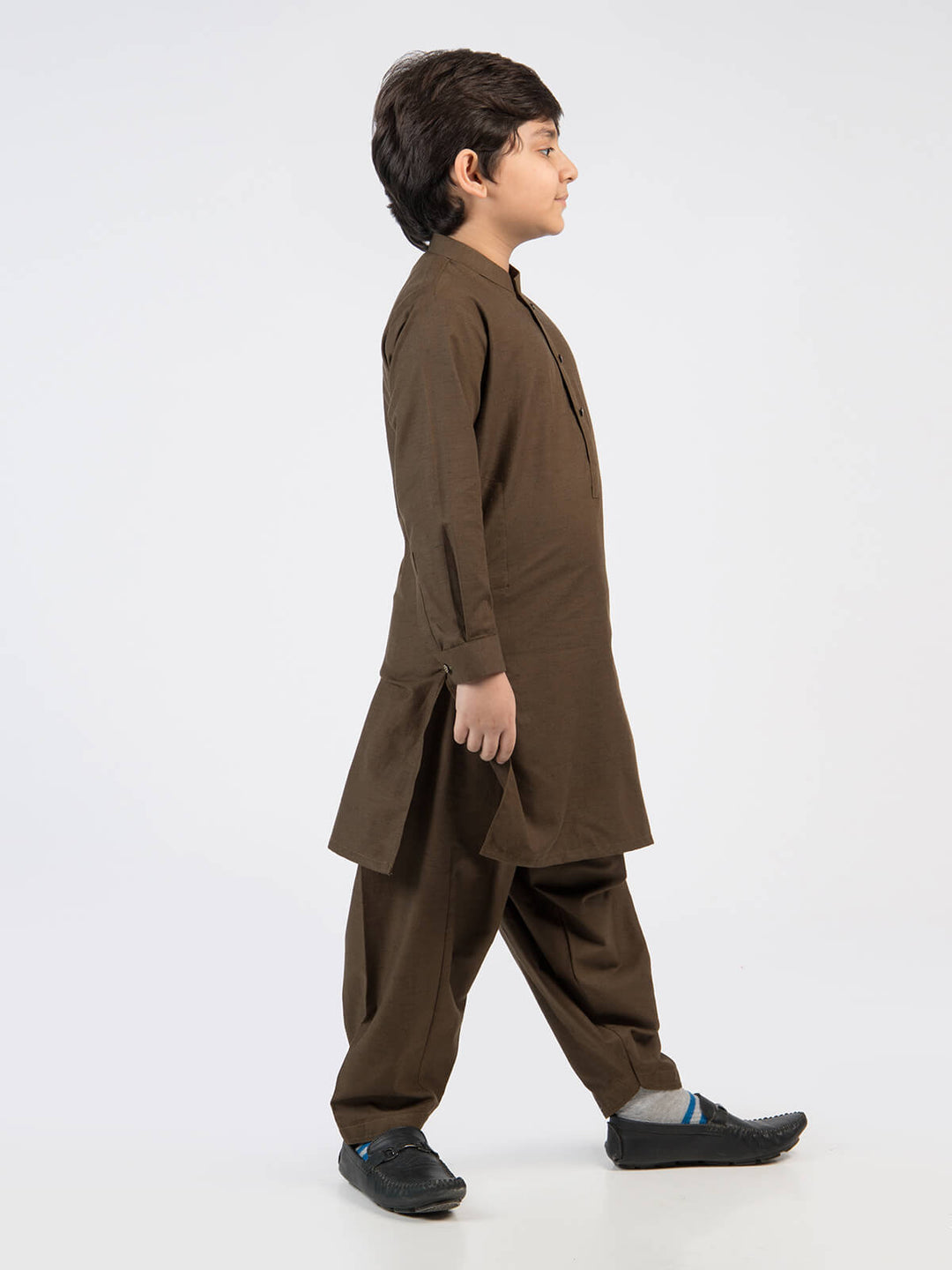 Dark Brown Textured Ban Collar Boys Shalwar Kameez (BSK-09)