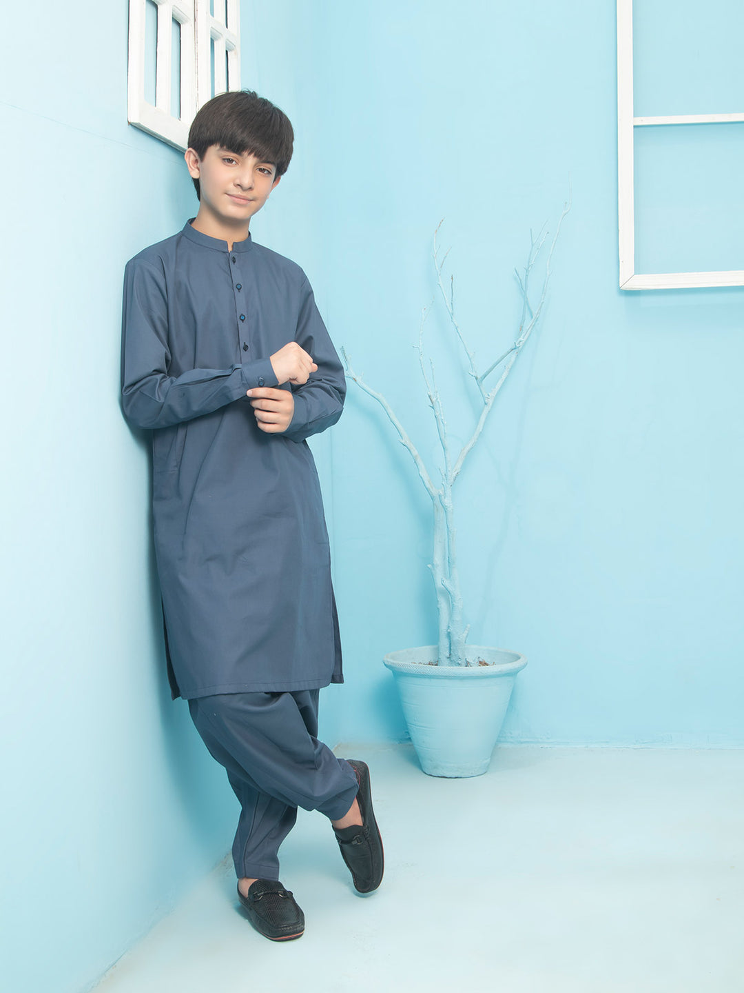 Blue Plain Ban Collar Boys Shalwar Kameez (BSK-10)