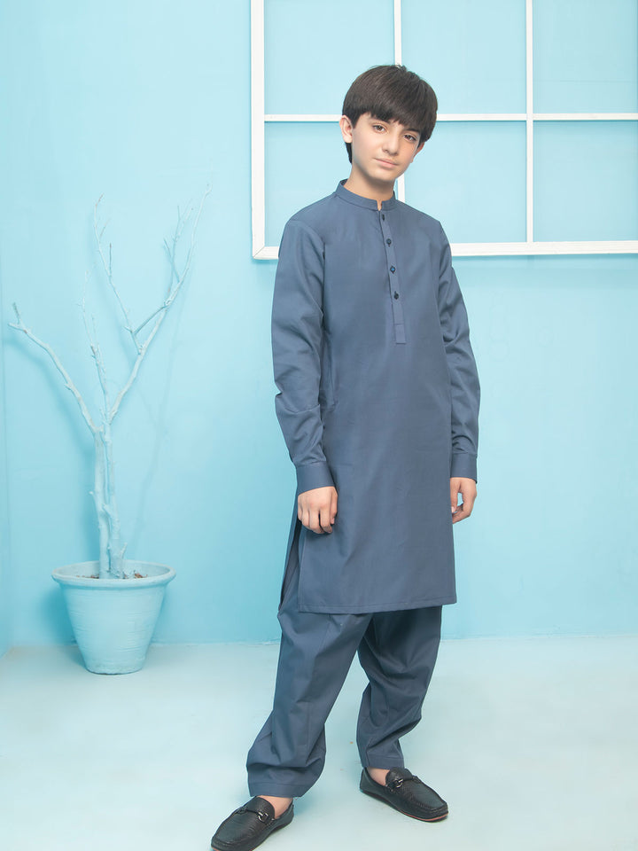 Blue Plain Ban Collar Boys Shalwar Kameez (BSK-10)