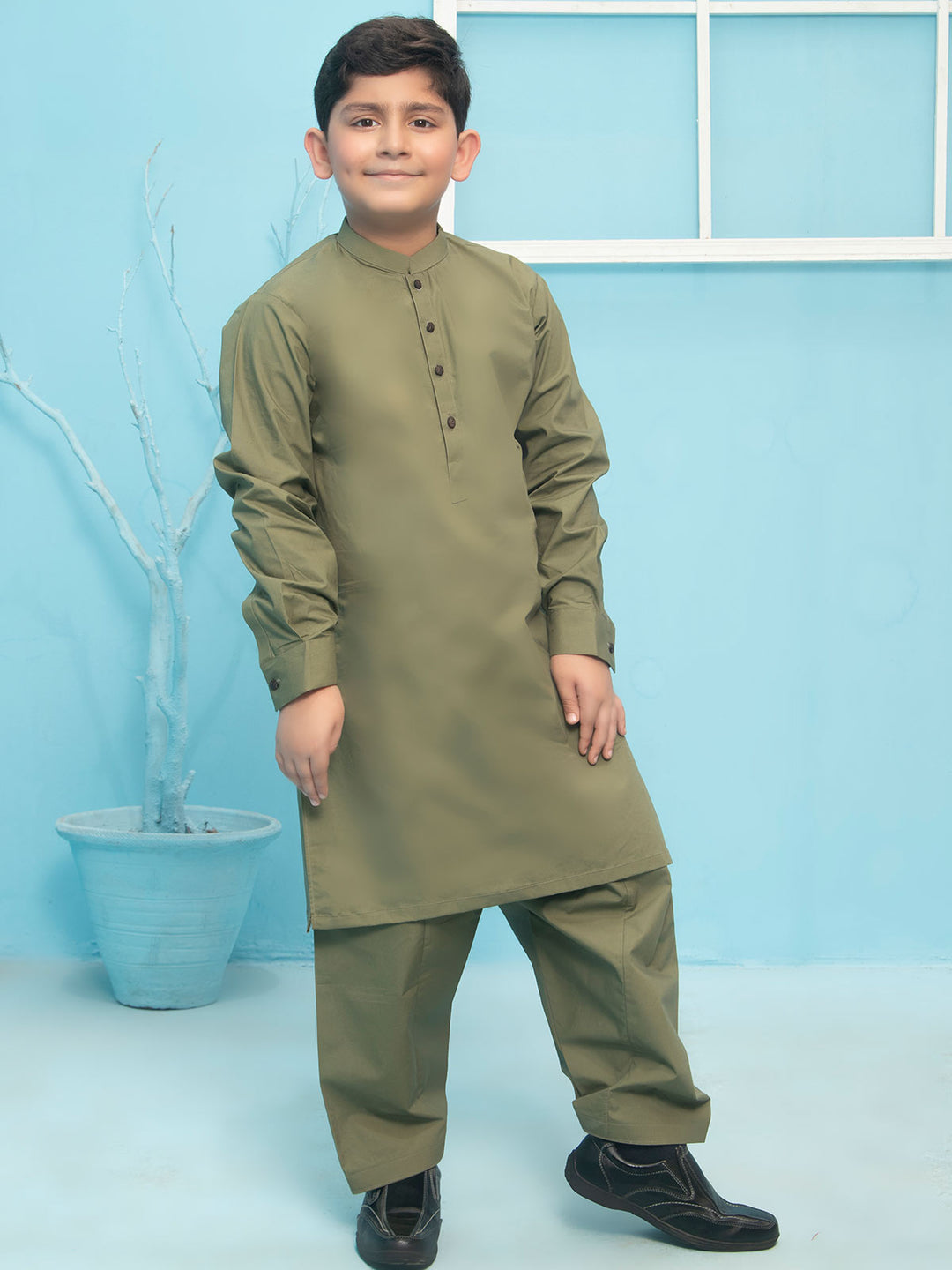 Olive Green Plain Ban Collar Boys Shalwar Kameez (BSK-12)