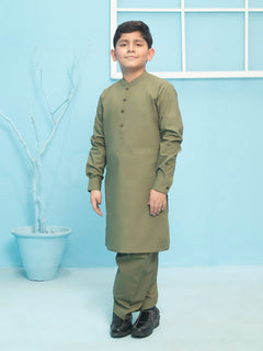 Olive Green Plain Ban Collar Boys Shalwar Kameez (BSK-12)