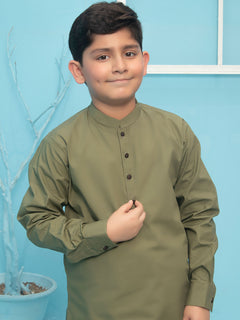 Olive Green Plain Ban Collar Boys Shalwar Kameez (BSK-12)