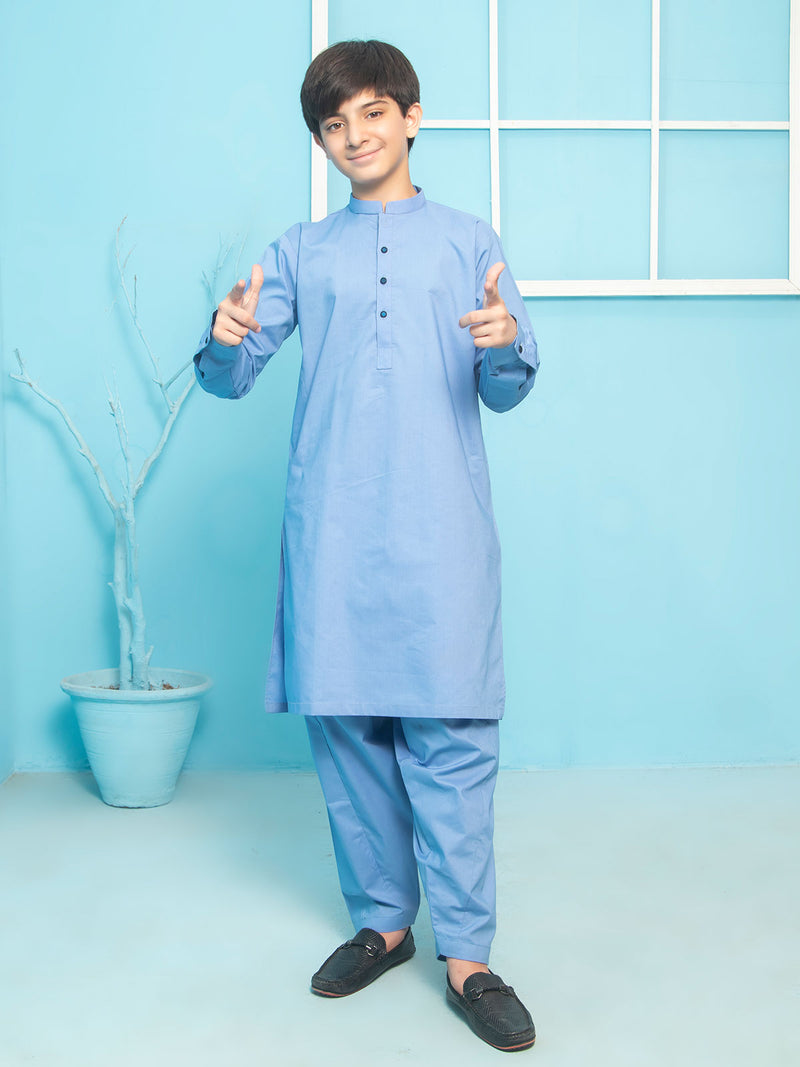 Light Blue Plain Ban Collar Boys Shalwar Kameez (BSK-16)