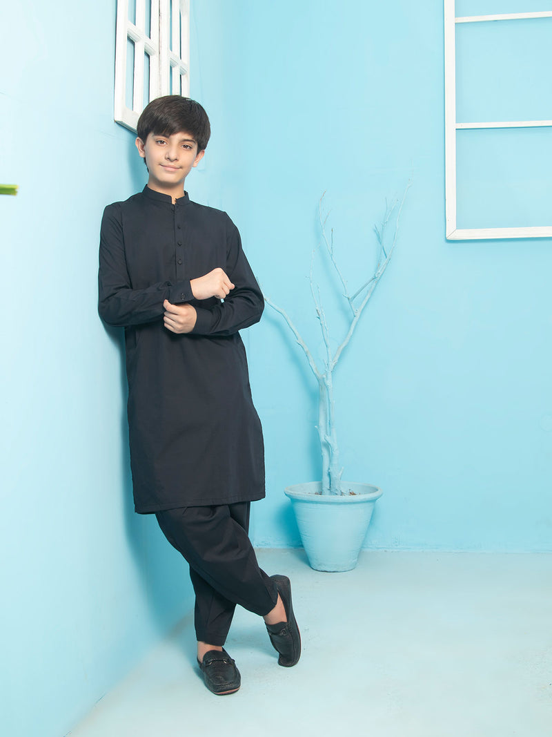 Navy Blue Plain Ban Collar Boys Shalwar Kameez (BSK-20)