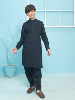 Navy Blue Plain Ban Collar Boys Shalwar Kameez (BSK-26)