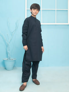 Navy Blue Plain Ban Collar Boys Shalwar Kameez (BSK-26)