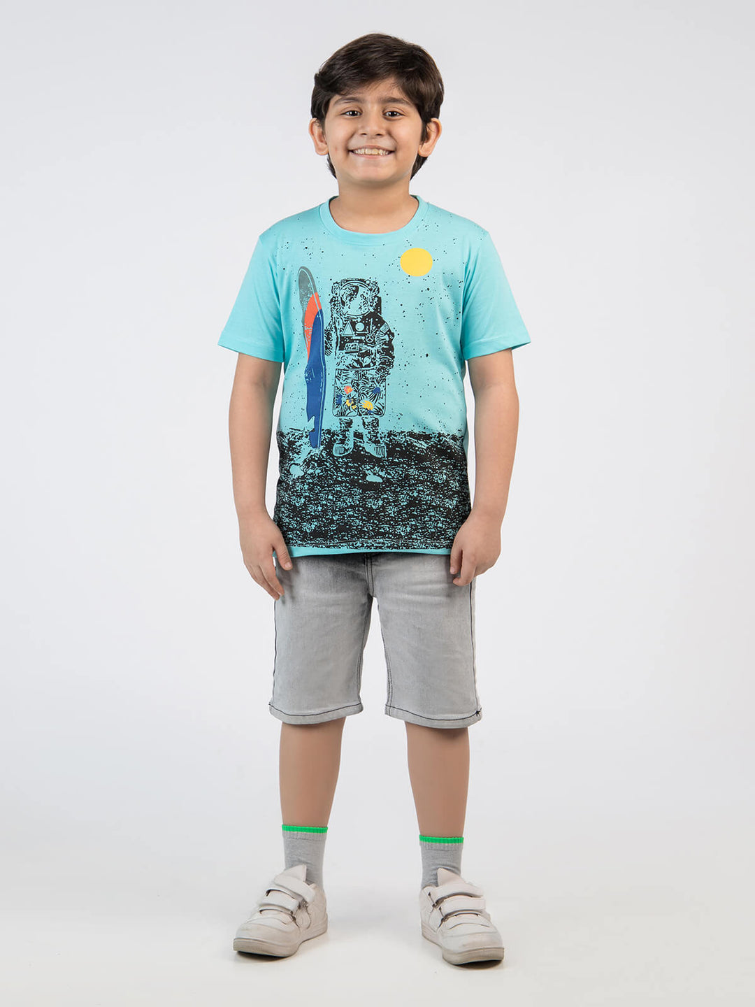 Skating On The Moon Aqua Blue Half Sleeves Boys T-Shirt (BT-48)