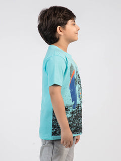 Skating On The Moon Aqua Blue Half Sleeves Boys T-Shirt (BT-48)