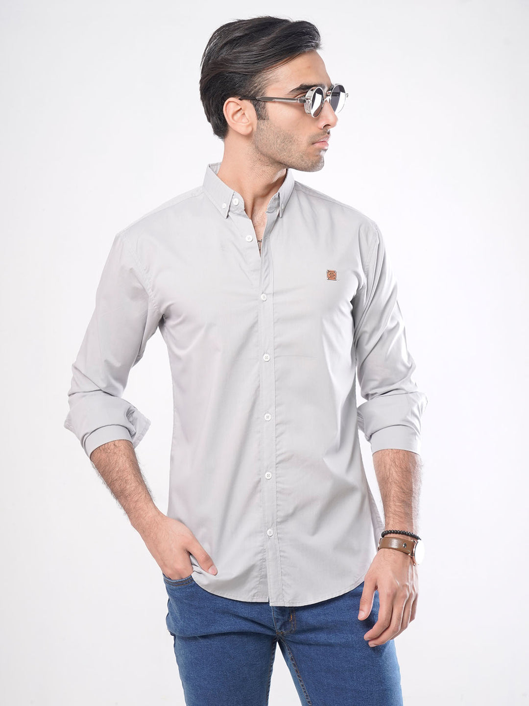 Light Grey Plain Button Down Casual Shirt (CSB-005)