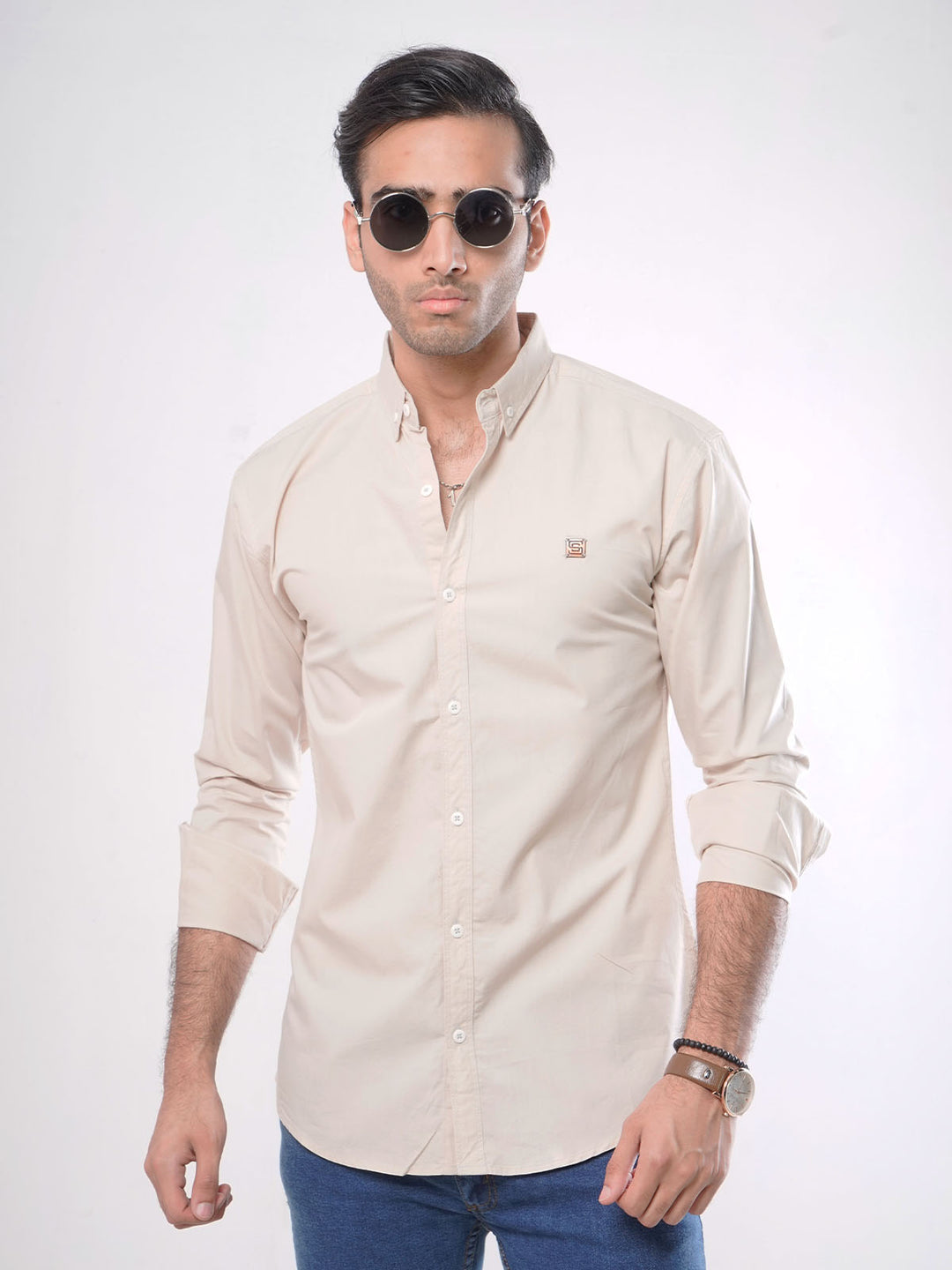 Beige Plain Button Down Casual Shirt (CSB-006)