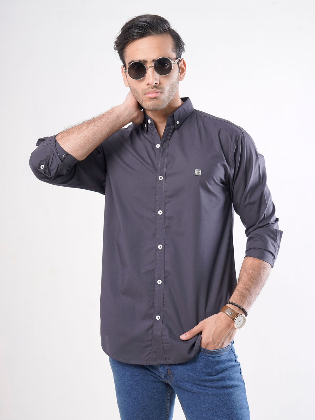 Dark Grey Plain Button Down Casual Shirt (CSB-015)