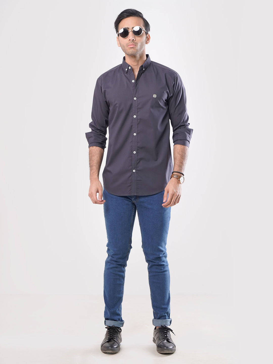 Dark Grey Plain Button Down Casual Shirt (CSB-015)