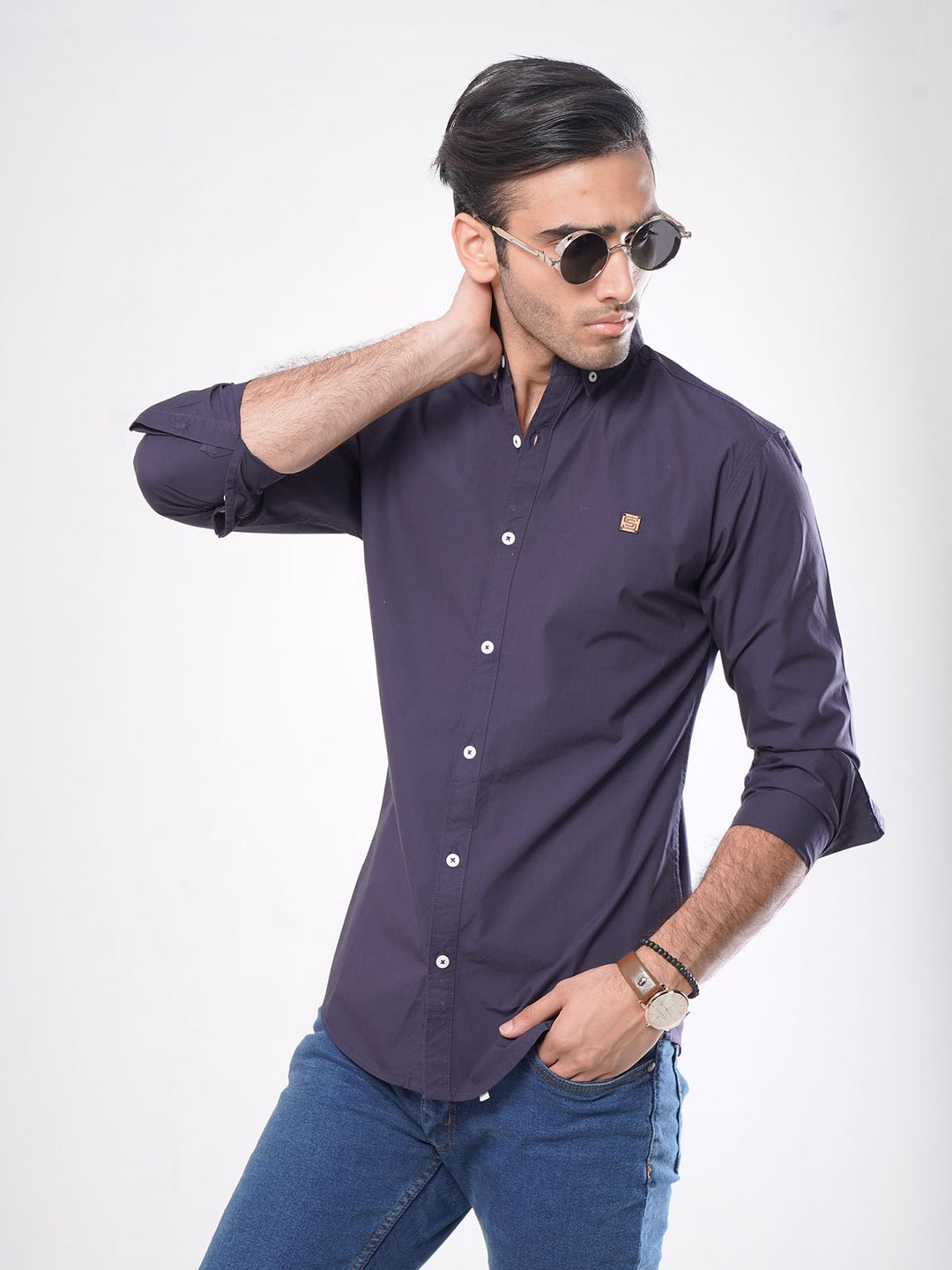 Navy Blue Plain Button Down Casual Shirt (CSB-046)