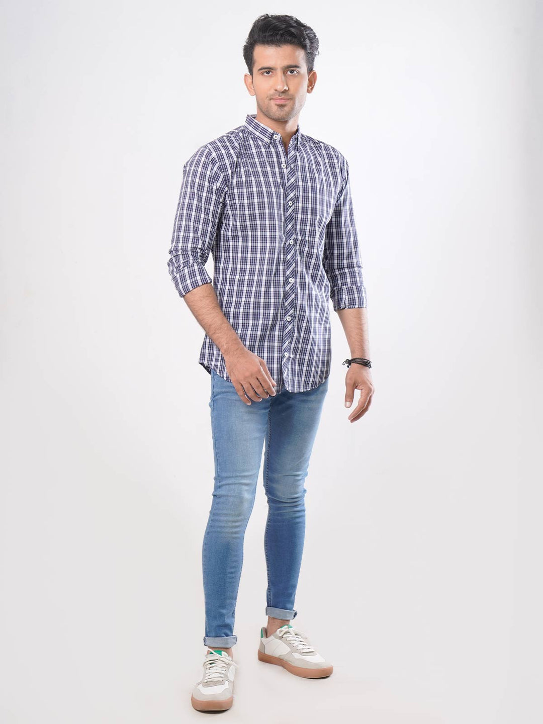 Navy Blue Check Button Down Casual Shirt (CSC-003)