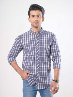 Navy Blue Check Button Down Casual Shirt (CSC-003)