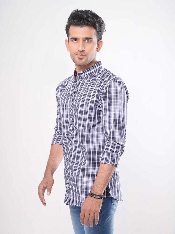 Navy Blue Check Button Down Casual Shirt (CSC-003)