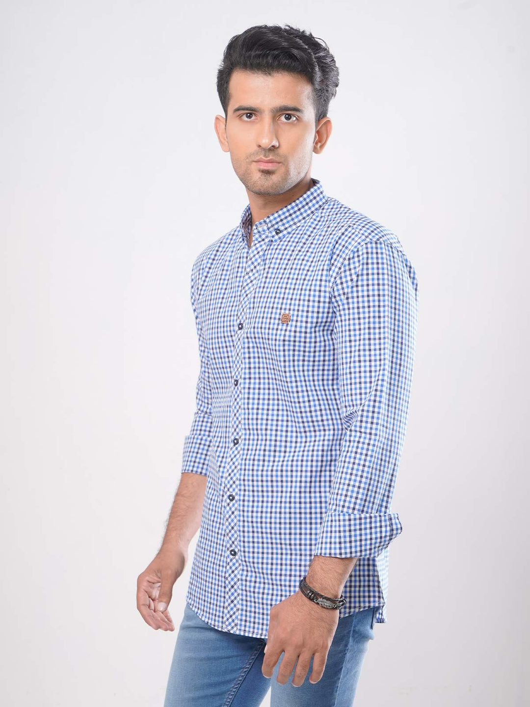 Blue Check Button Down Casual Shirt (CSC-005)