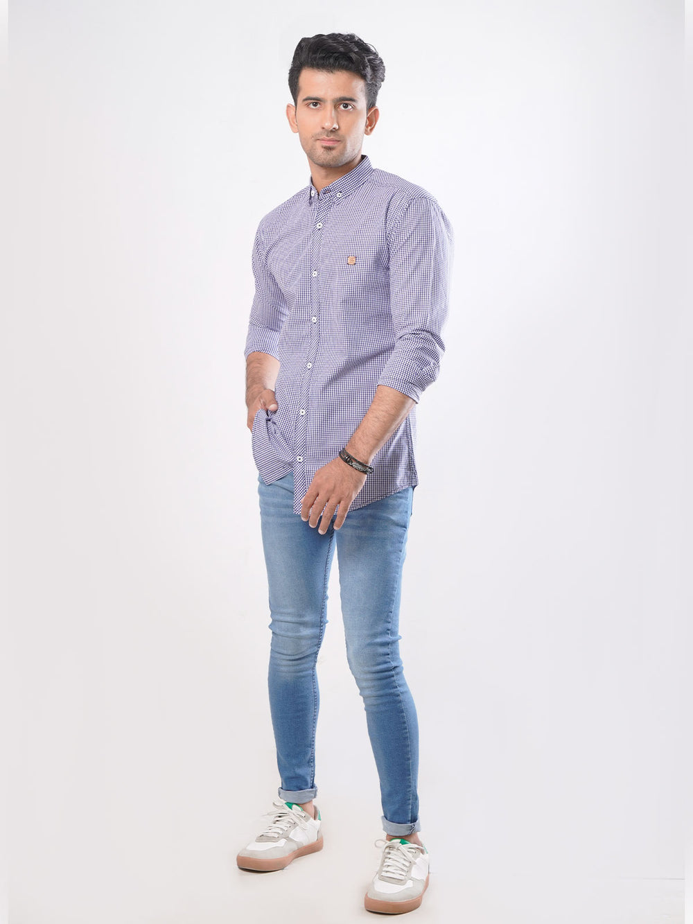 Navy Blue Check Button Down Casual Shirt (CSC-014)