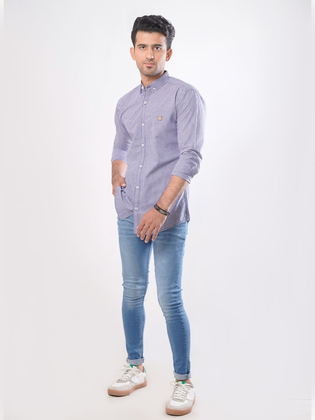 Navy Blue Check Button Down Casual Shirt (CSC-014)