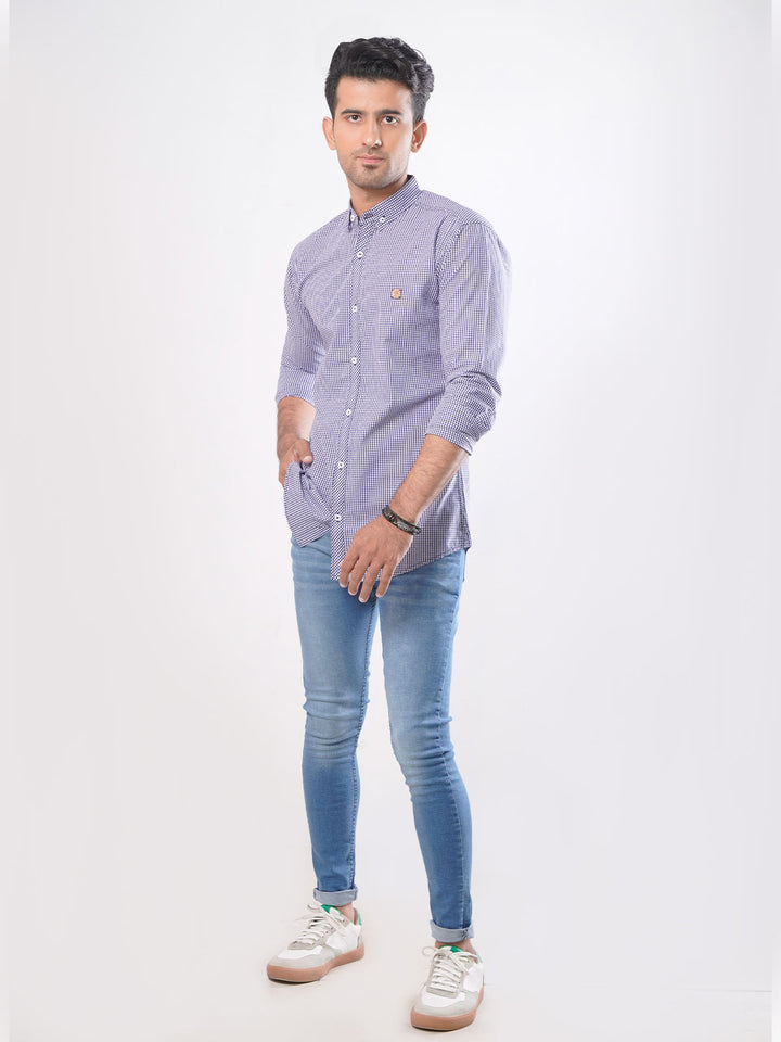 Navy Blue Check Button Down Casual Shirt (CSC-014)