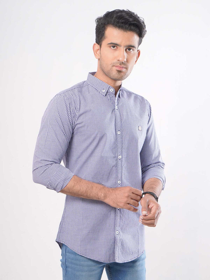 Navy Blue Check Button Down Casual Shirt (CSC-014)