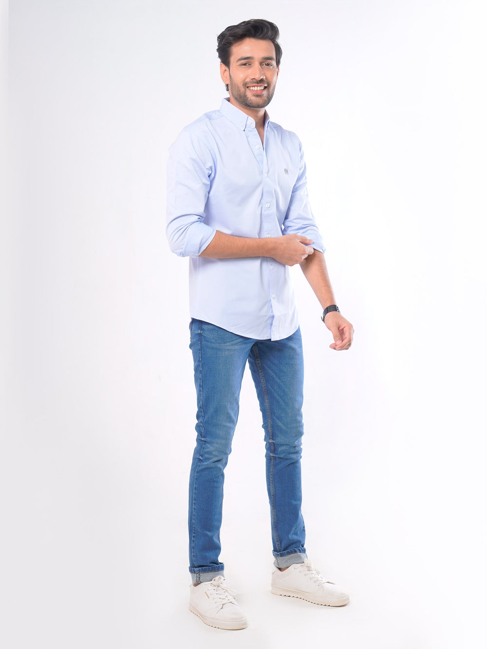 Sky Blue Self Button Down Knitted Casual Shirt (CSK-005)