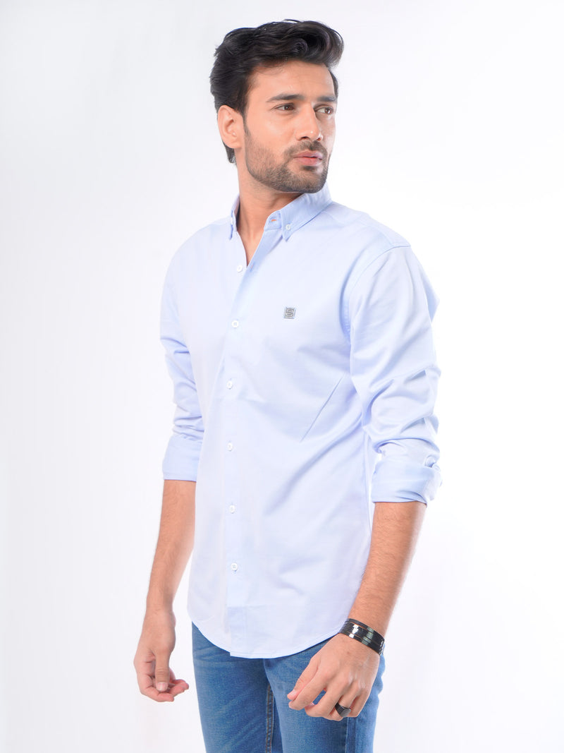 Sky Blue Self Button Down Knitted Casual Shirt (CSK-005)