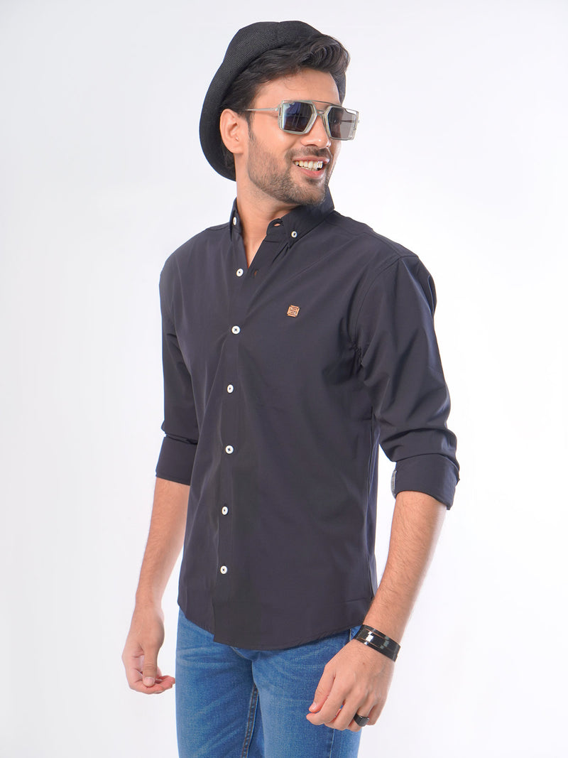 Black Plain Button Down Knitted Casual Shirt (CSK-007)