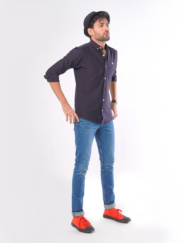 Navy Blue Self Button Down Knitted Casual Shirt (CSK-009)