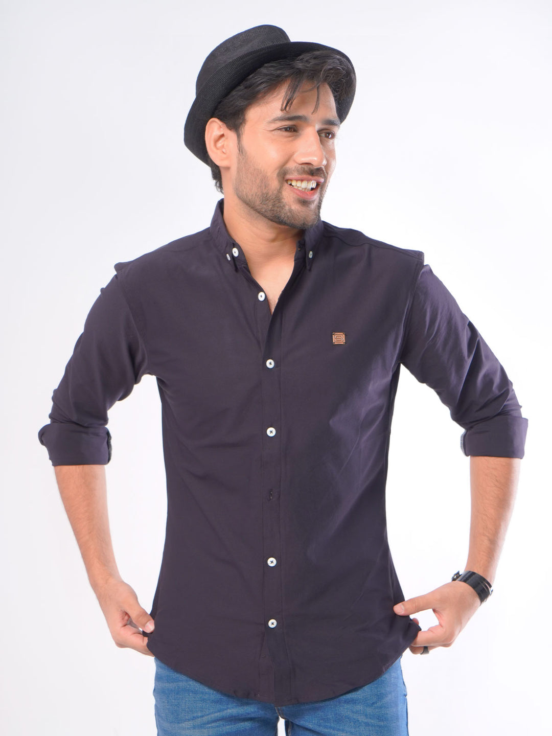 Navy Blue Self Button Down Knitted Casual Shirt (CSK-009)