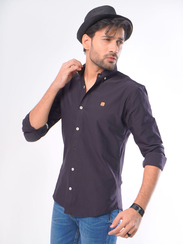 Navy Blue Self Button Down Knitted Casual Shirt (CSK-009)