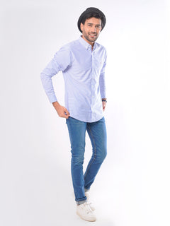 White & Blue Horizontal Self Striped Button Down Knitted Casual Shirt (CSK-011)