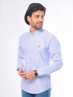 White & Blue Horizontal Self Striped Button Down Knitted Casual Shirt (CSK-011)