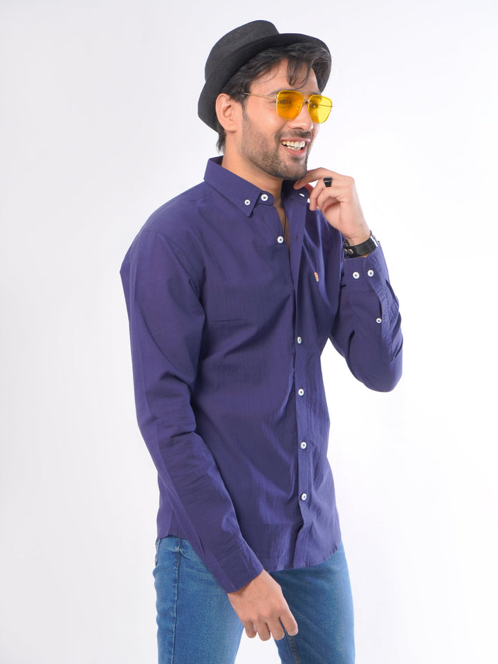 Navy Blue Self Button Down Knitted Casual Shirt (CSK-017)