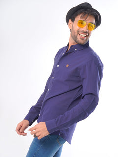 Navy Blue Self Button Down Knitted Casual Shirt (CSK-017)