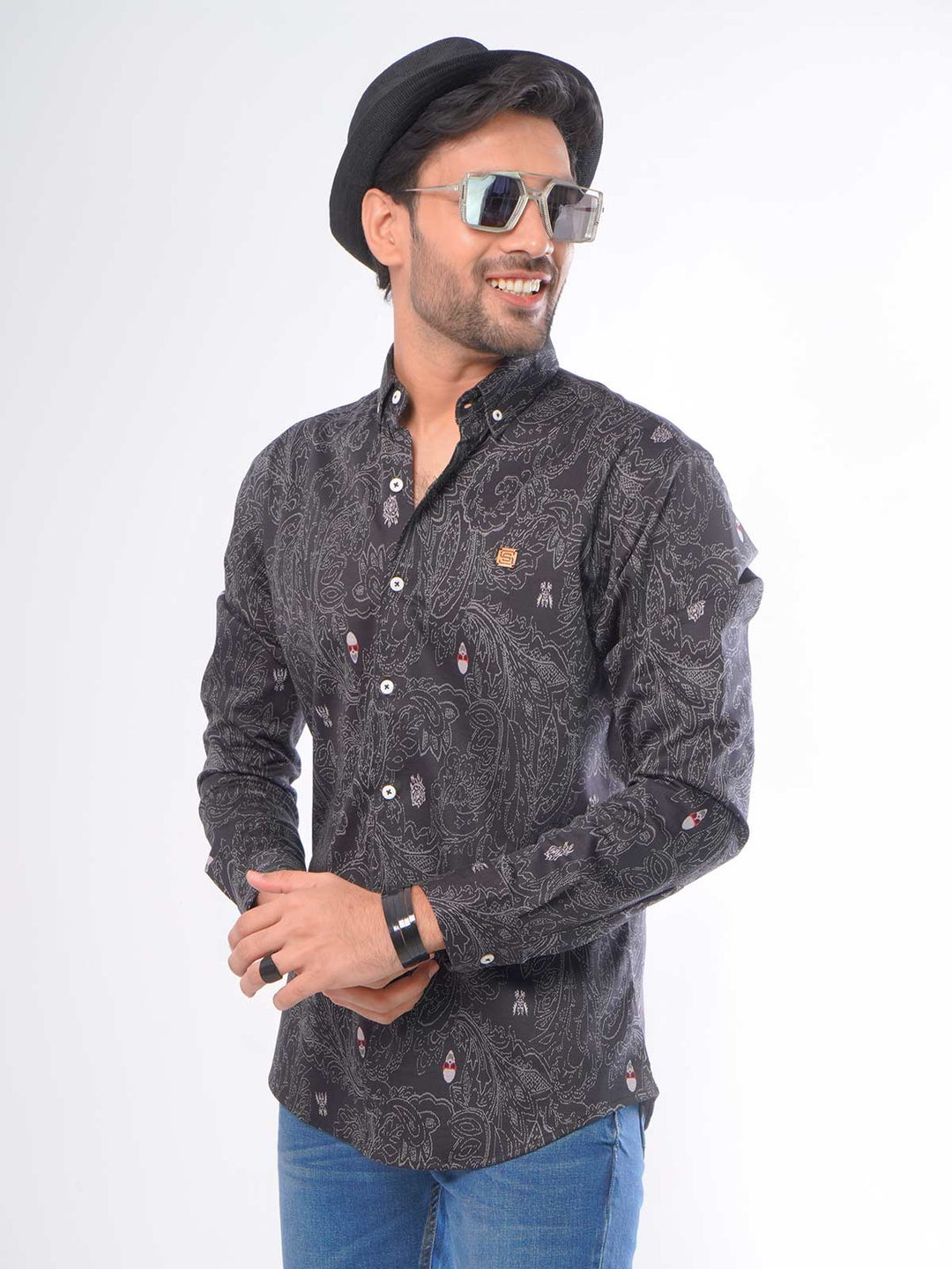 Black Printed Button Down Knitted Casual Shirt (CSK-019)