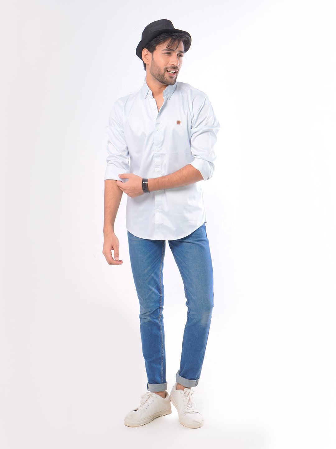 Sky Blue Self Button Down Knitted Casual Shirt (CSK-030)