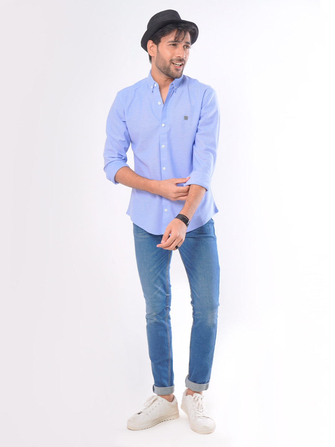 Light Blue Self Button Down Knitted Casual Shirt (CSK-046)