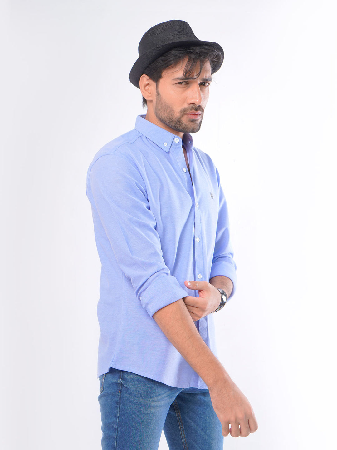 Light Blue Self Button Down Knitted Casual Shirt (CSK-046)