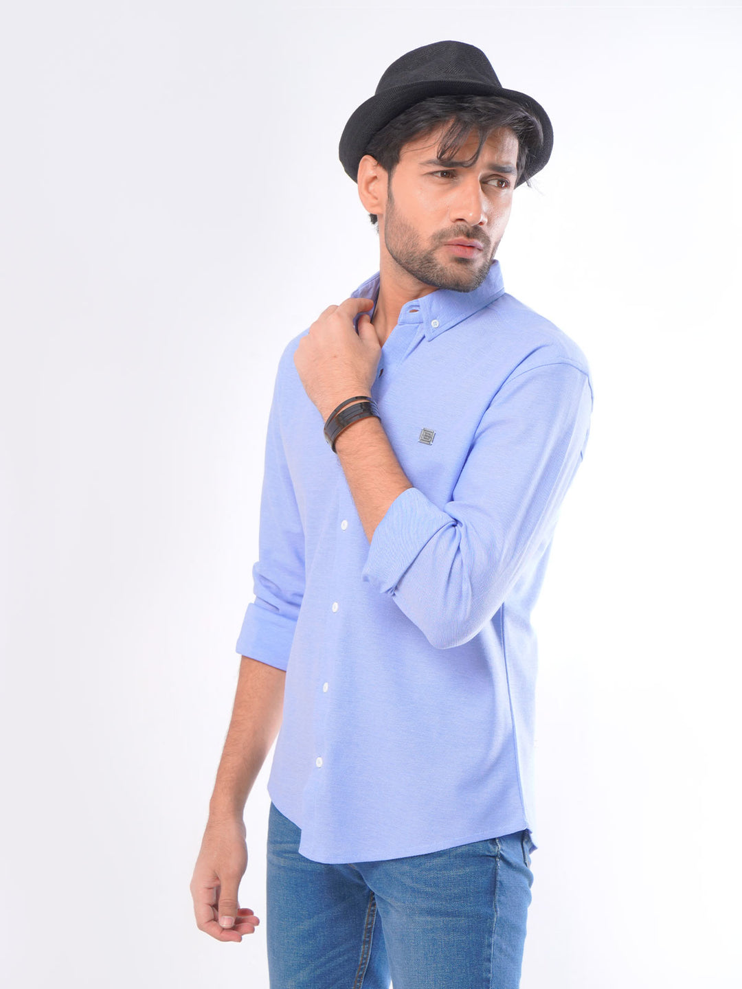 Light Blue Self Button Down Knitted Casual Shirt (CSK-046)