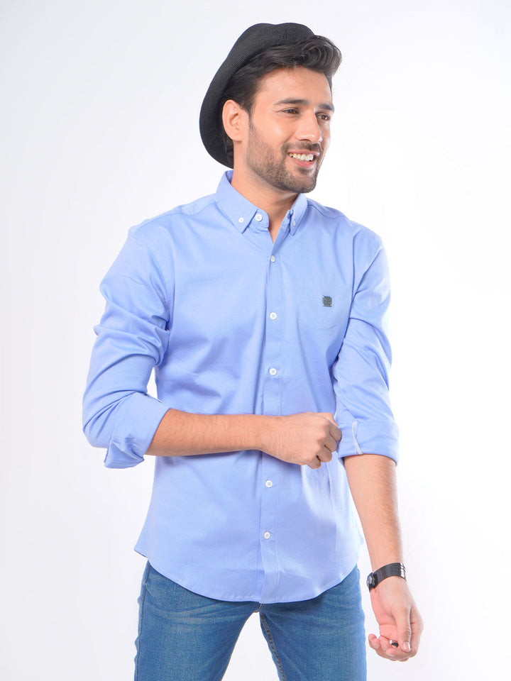 Blue Plain Button Down Knitted Casual Shirt (CSK-048)