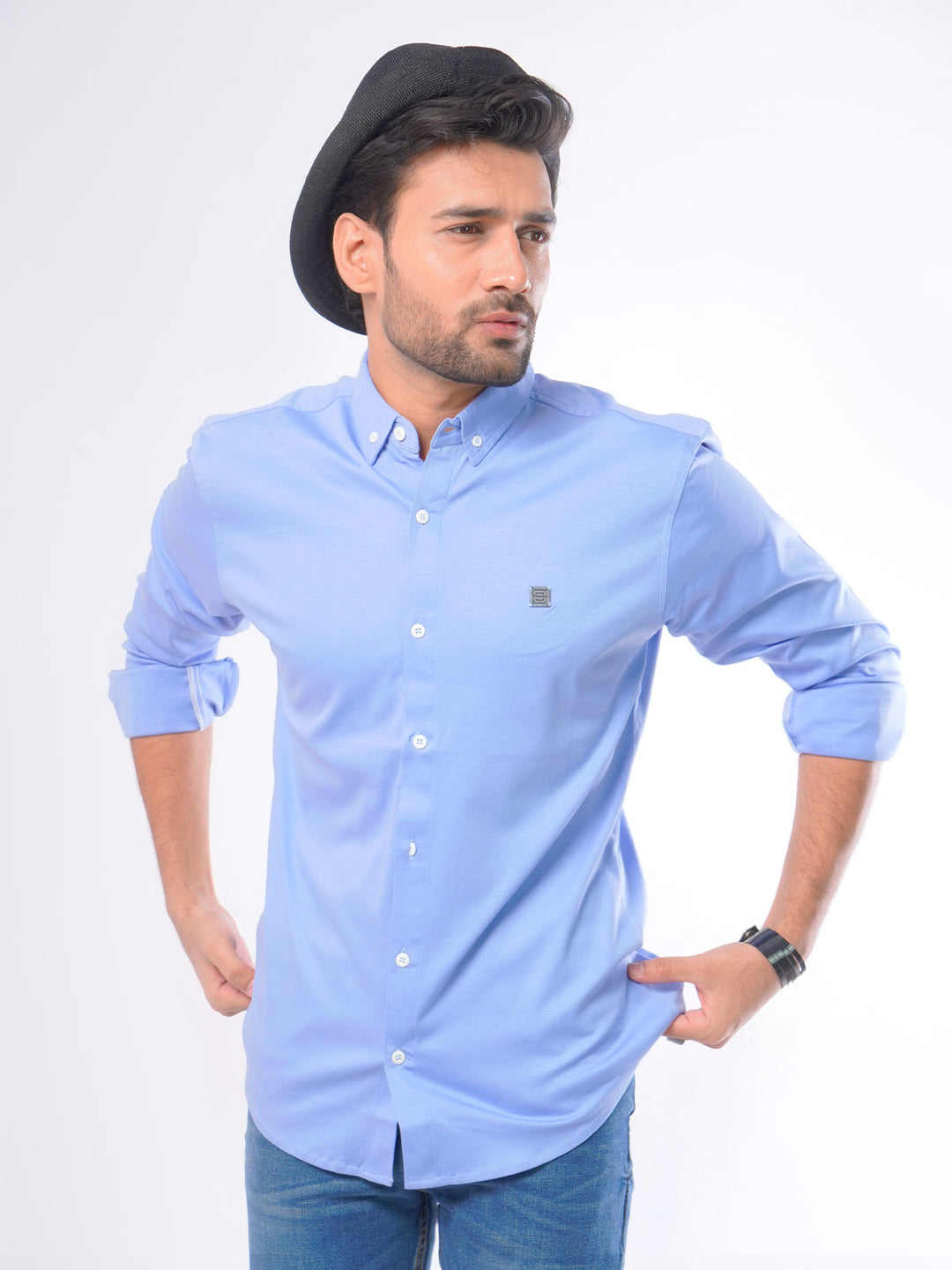 Blue Plain Button Down Knitted Casual Shirt (CSK-048)