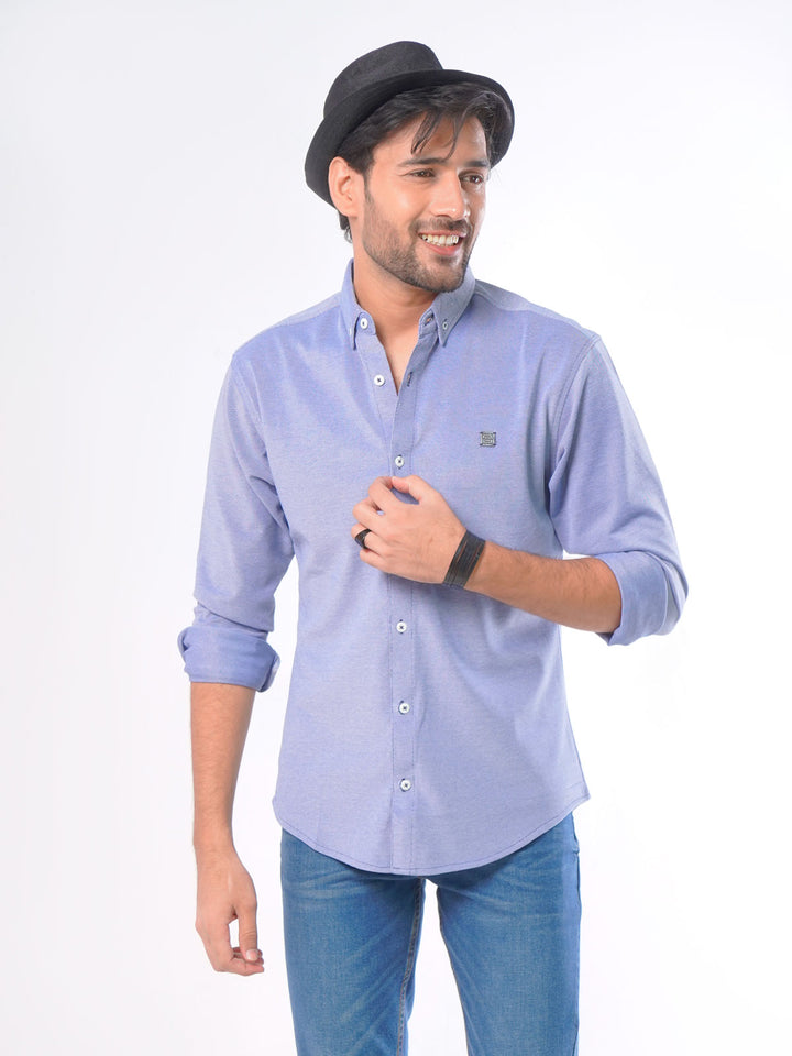 Blue Self Button Down Knitted Casual Shirt (CSK-052)