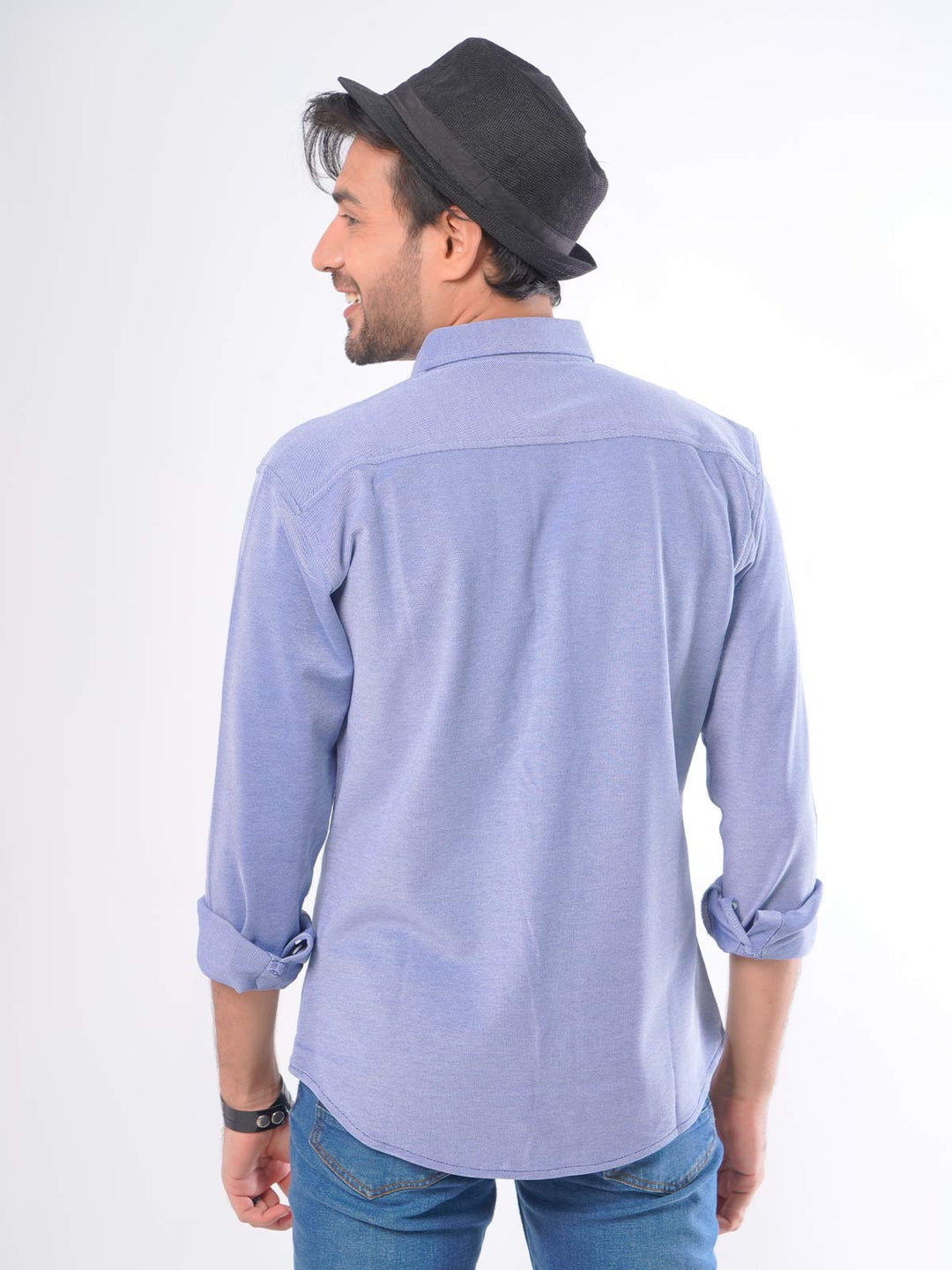 Blue Self Button Down Knitted Casual Shirt (CSK-052)