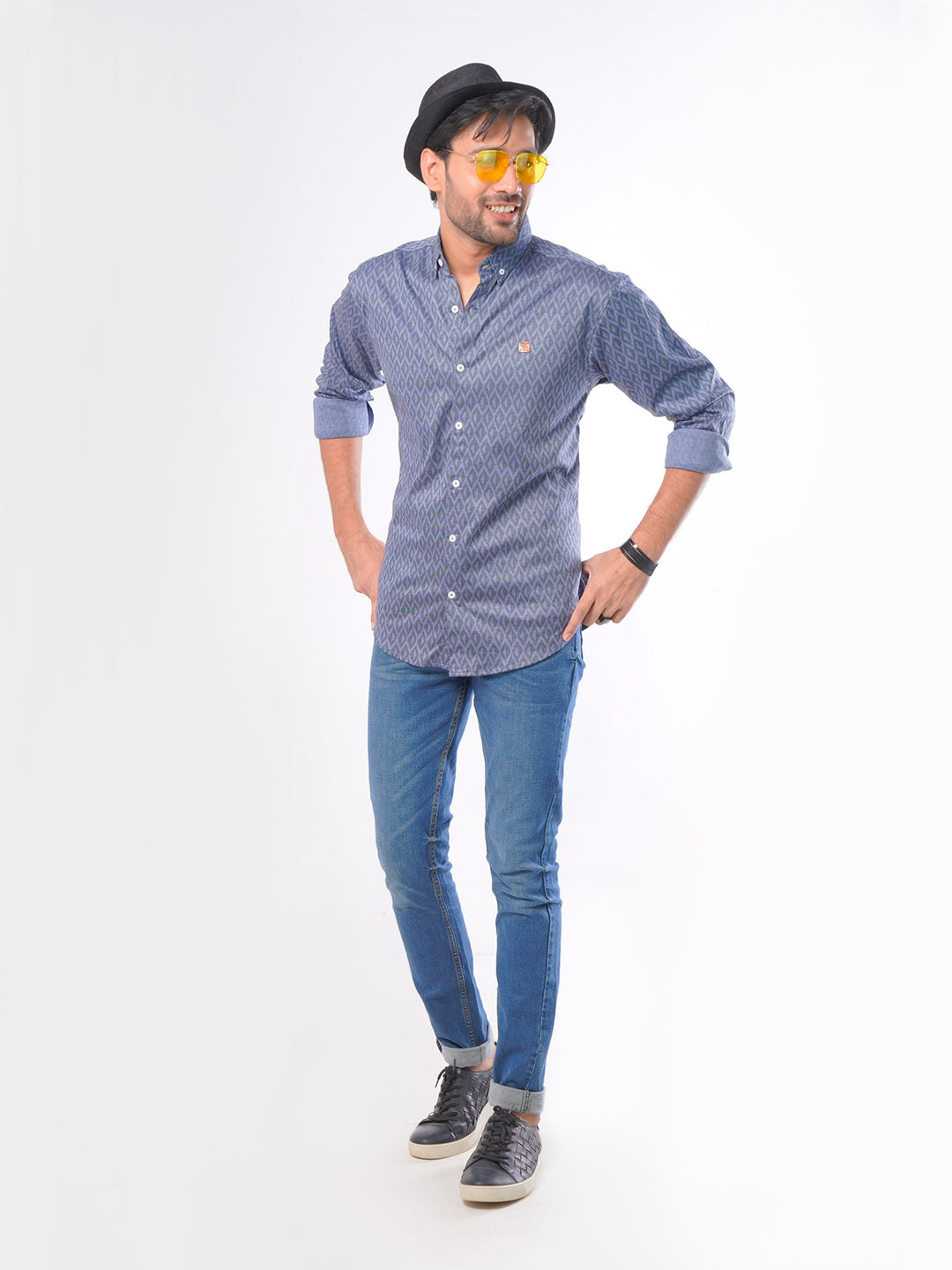 Dark Blue Self Button Down Knitted Casual Shirt (CSK-060)