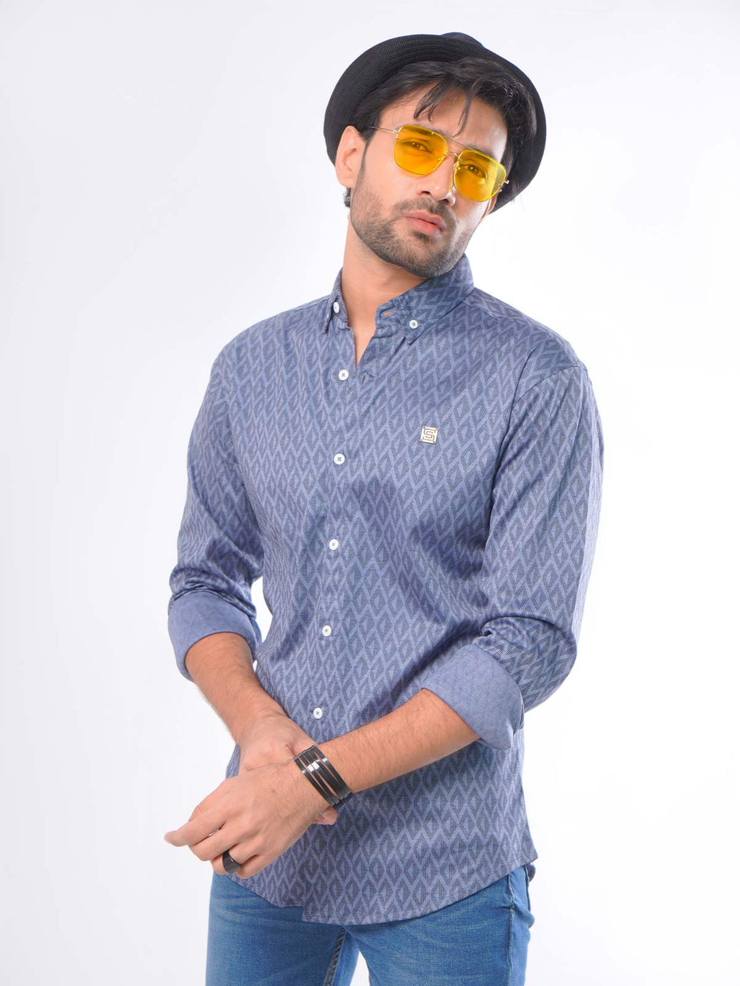 Dark Blue Self Button Down Knitted Casual Shirt (CSK-060)