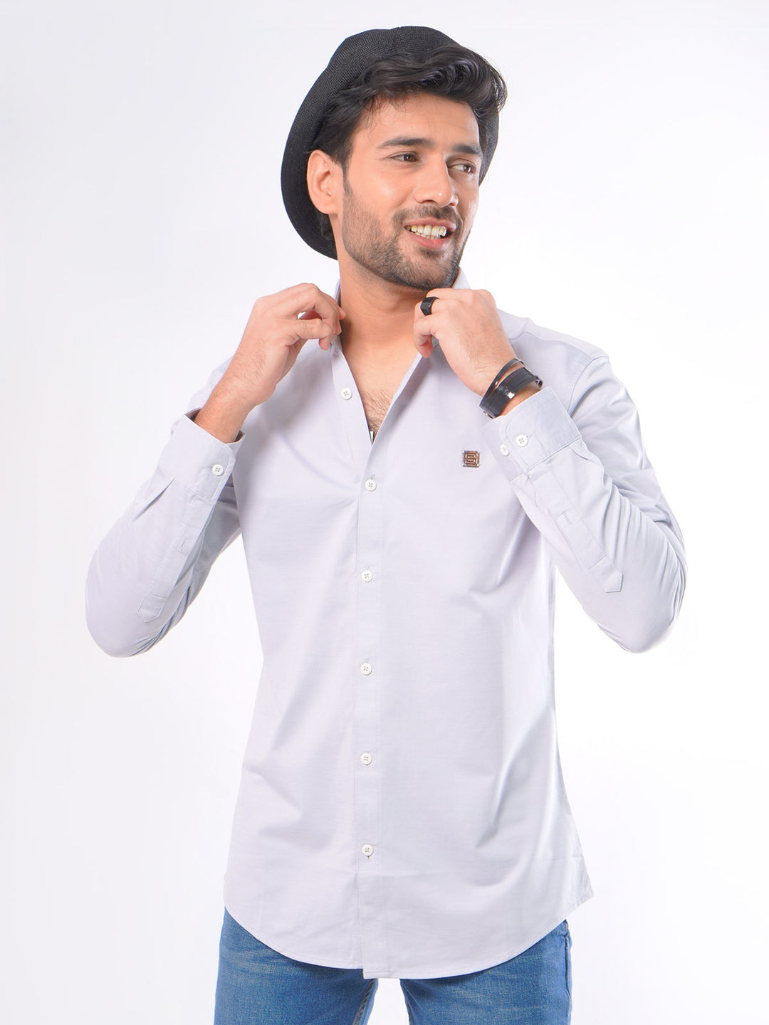 Light Grey Plain Button Down Knitted Casual Shirt (CSK-067)