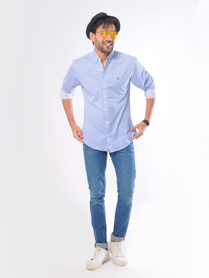 Blue Printed Button Down Knitted Casual Shirt (CSK-068)